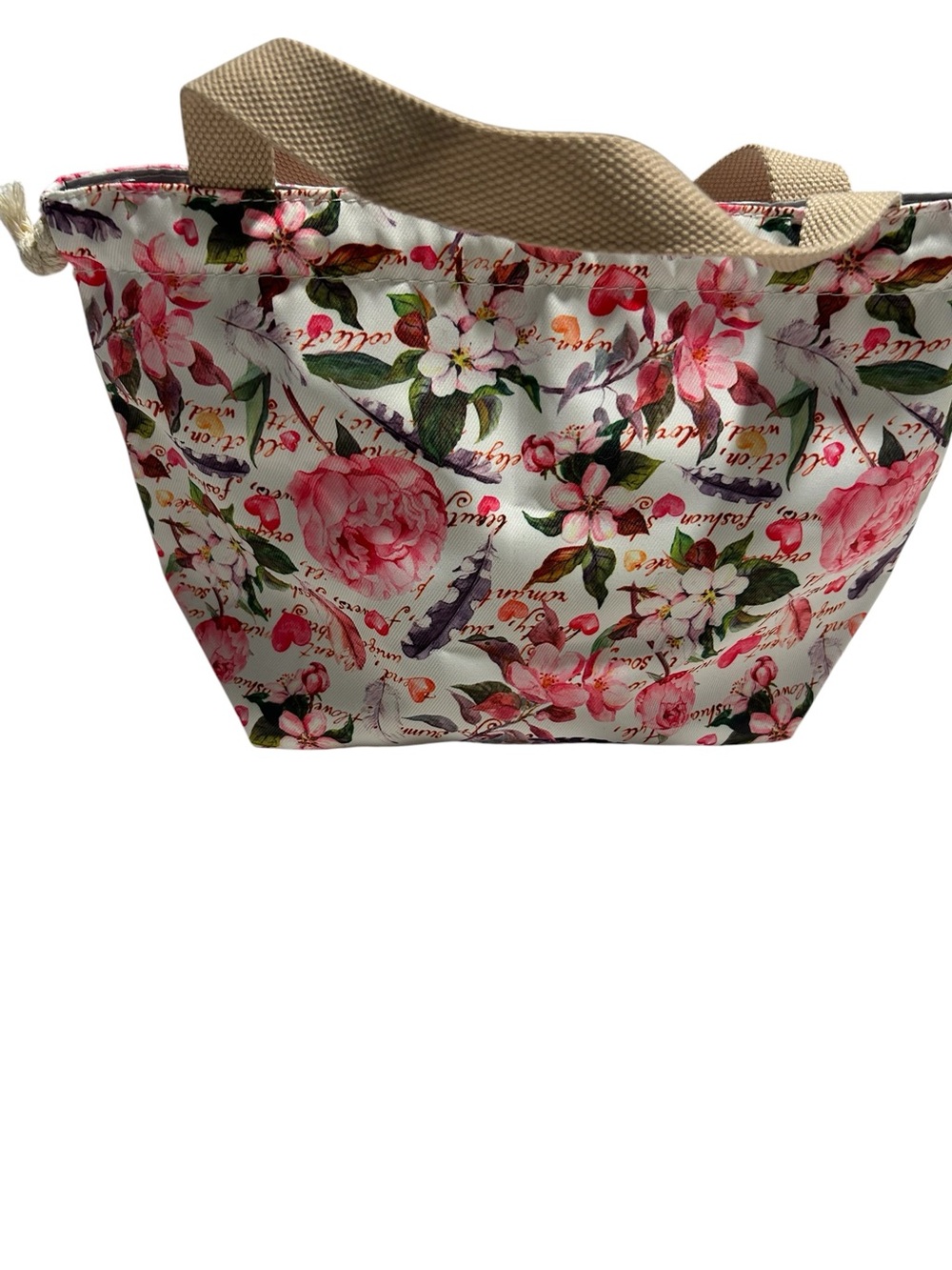 Floral Pink Garden Tote Bag with Beige Handles ( mini bag )
